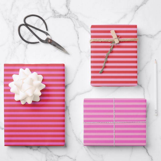 Valentinstag Rosa und rote Streifenmuster Geschenkpapier Set (Vorderseite)