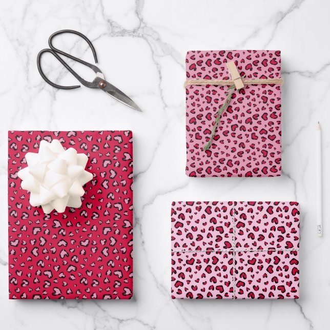 Valentinstag Rot Rosa Herz Leopardendruck Geschenkpapier Set (Vorderseite)