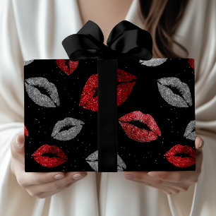 Valentinstag Rot Silber Glitter Lippen auf Schwarz Geschenkpapier