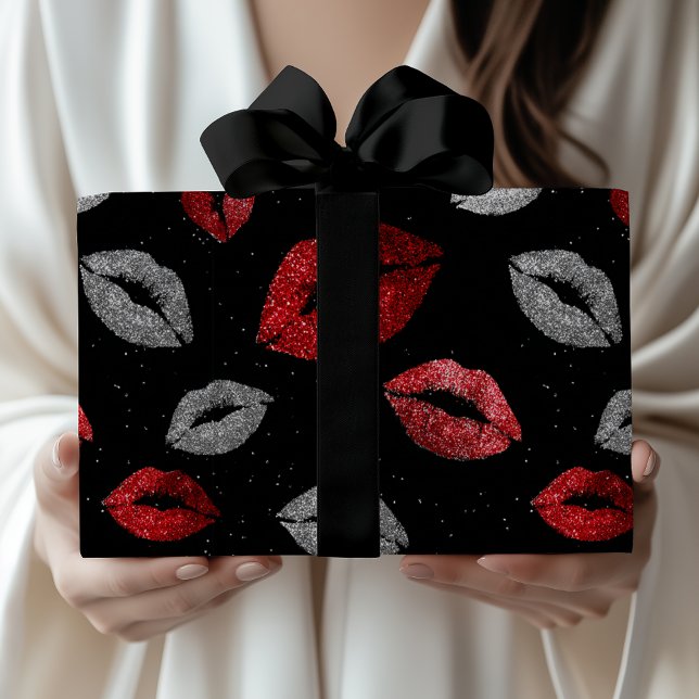 Valentinstag Rot Silber Glitter Lippen auf Schwarz Geschenkpapier (Von Creator hochgeladen)