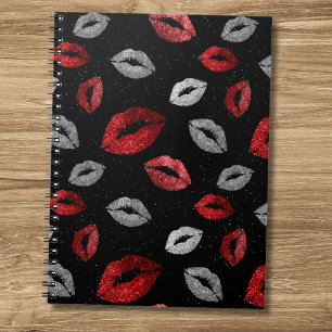Valentinstag Rot Silber Glitter Lippen auf Schwarz Notizblock
