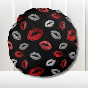 Valentinstag Rot Silber Glitter Lippen auf Schwarz Rundes Kissen
