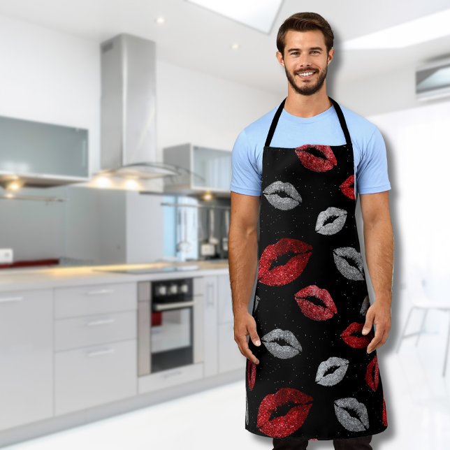 Valentinstag Rot Silber Glitter Lippen auf Schwarz Schürze (Von Creator hochgeladen)