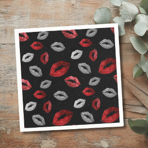 Valentinstag Rot Silber Glitter Lippen auf Schwarz Serviette
