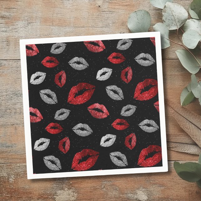 Valentinstag Rot Silber Glitter Lippen auf Schwarz Serviette (Von Creator hochgeladen)