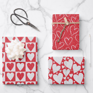 Valentinstag Rot Weiße Glitter-Herzen Trendy Geschenkpapier Set