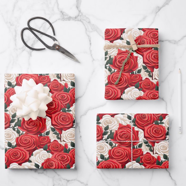 Valentinstag Rote und Weiße Rose Geschenkpapier Set (Vorderseite)