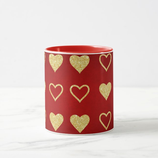 Valentinstag Roter Luxus Goldenes Herz Tasse (Zentrum)