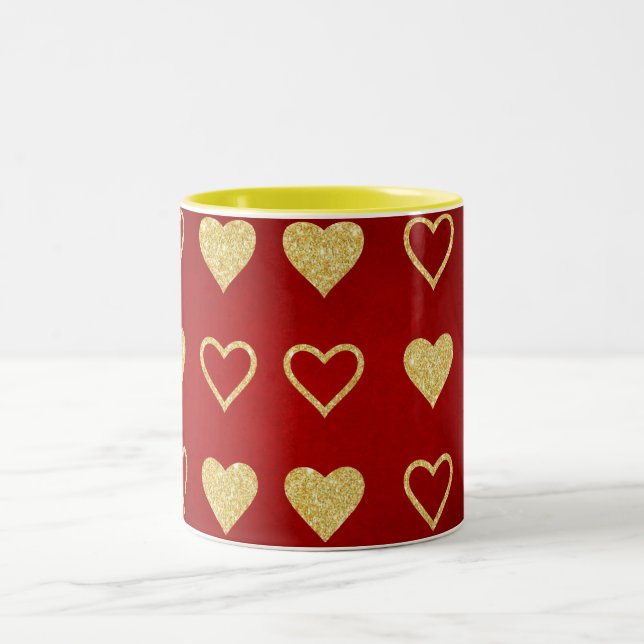 Valentinstag Roter Luxus Goldenes Herz Zweifarbige Tasse (Mittel)