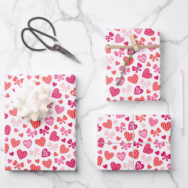 Valentinstag Roter Rosa Herz Bows Geschenkpapier Set (Vorderseite)