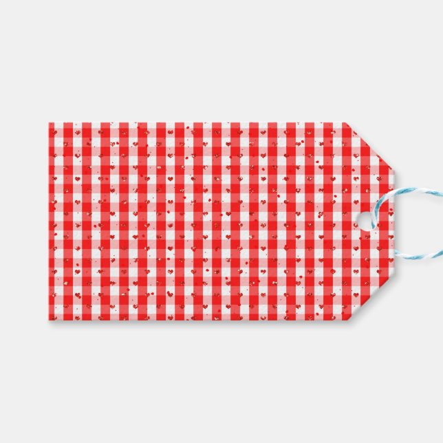 Valentinstag rotes Gingham-Muster Geschenkanhänger (Vorderseite (Horizontal))
