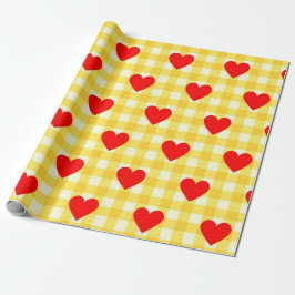 Valentinstag Rotes Herz Gelbes Gingham-Muster Geschenkpapier