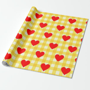 Valentinstag Rotes Herz Gelbes Gingham-Muster Geschenkpapier