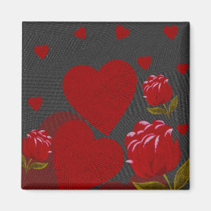 Valentinstag, rotes Herz, rote Rose auf Grau Magnet