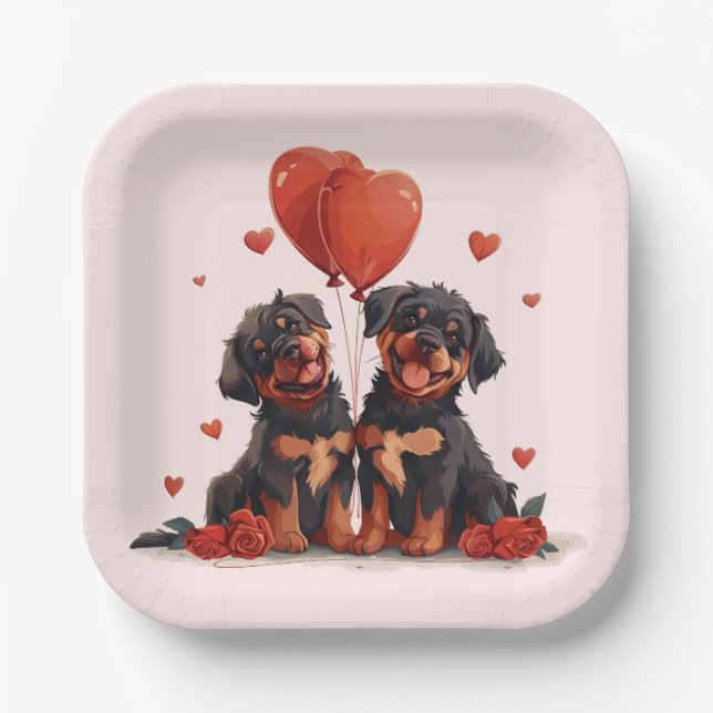 Valentinstag Rottweiler Hunde Pappteller (Vorderseite)
