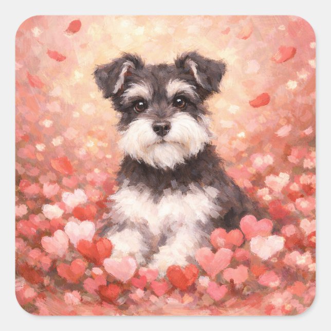 Valentinstag Schnauzer mit Herzen Quadratischer Aufkleber (Vorderseite)