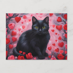 Valentinstag-Schwarze Katze mit Herzen und Rosen Feiertagspostkarte