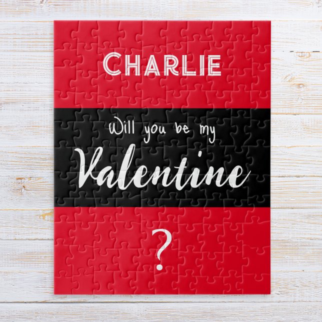 Valentinstag sei mein Valentiner Red Jigsaw Puzzle (A personalized jigsaw puzzle in red, black and white, with 'Will you be my Valentine?' message)