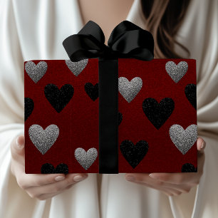Valentinstag Silber Schwarzes Glitter-Herzen auf B Geschenkpapier