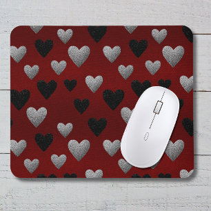 Valentinstag Silber Schwarzes Glitter-Herzen auf B Mousepad