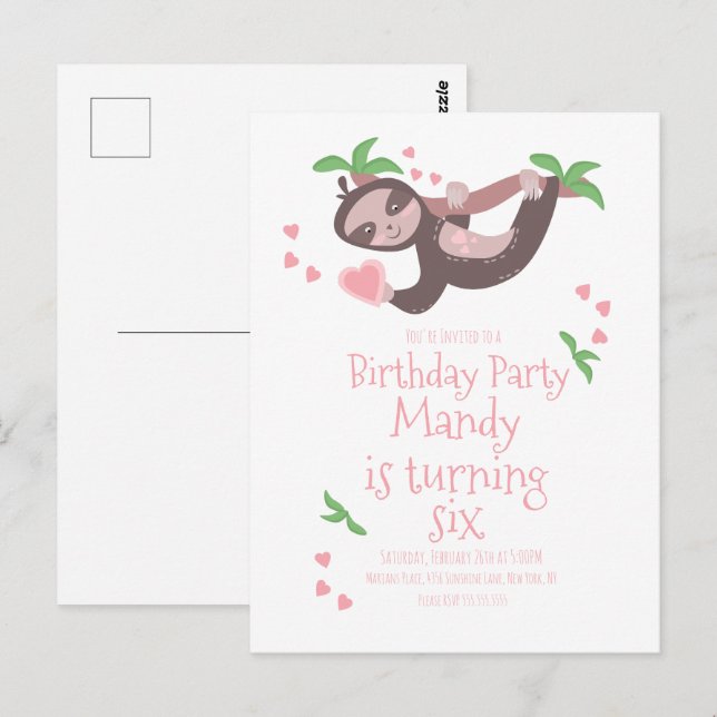 Valentinstag Sloth Birthday Party Hearts Postkarte (Vorne/Hinten)