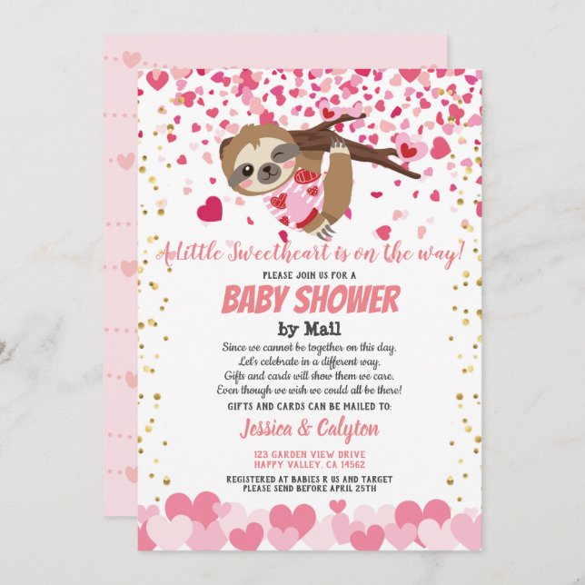 Valentinstag Sloth Girl Babydusche per Post Pink Einladung (Vorne/Hinten)