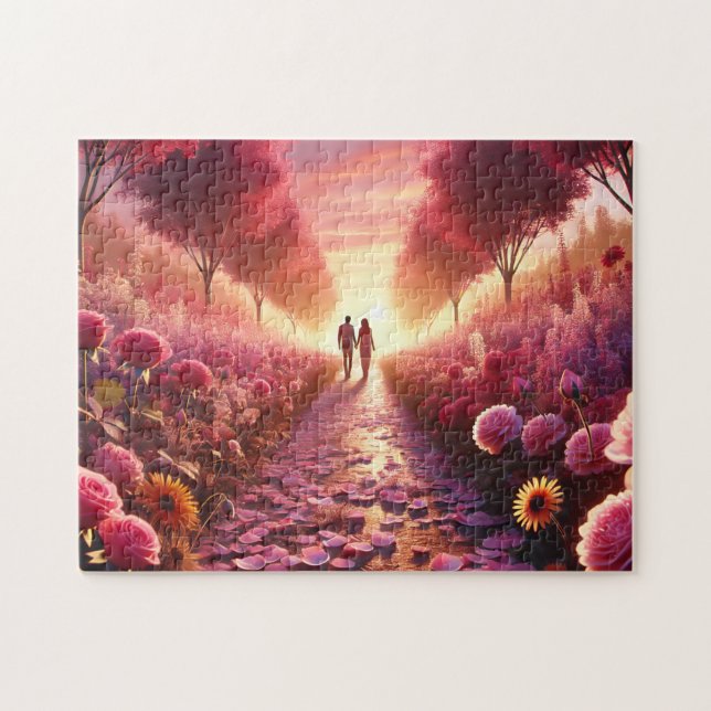 Valentinstag-Sonnenuntergangs-Blumenpfad Romantisc Puzzle (Horizontal)