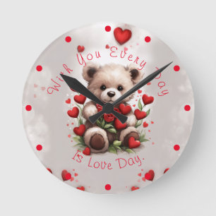 Valentinstag Süßer Teddy mit roten Rosen und Herze Runde Wanduhr