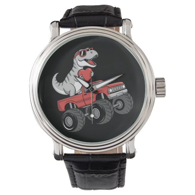 Valentinstag T Rex Dinosaurier Riding Monster Truc Armbanduhr (Vorderseite)