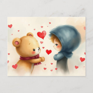 Valentinstag Teddy Bär und Kleines Mädchen Feiertagspostkarte
