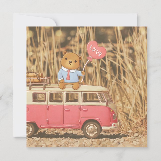 Valentinstag: Teddy Bear & Pink Vintage Car Feiertagskarte (Vorderseite)