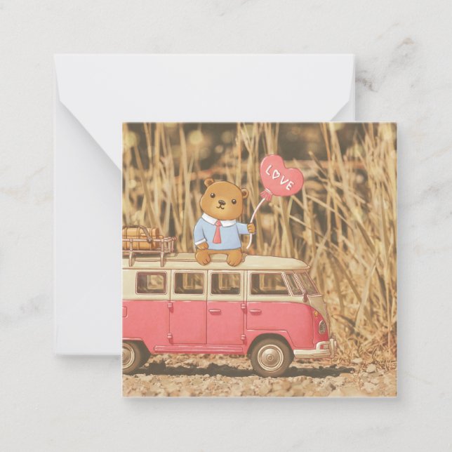 Valentinstag: Teddy Bear & Pink Vintage Car Mitteilungskarte (Vorderseite)