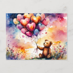 Valentinstag-Teddybär mit herzförmigen Ballons Postkarte