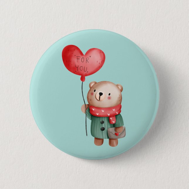 Valentinstag Teddybär mit Liebe Ballon Button (Vorderseite)