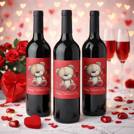 Valentinstag-Teddybär mit Rose und Herzen Weinetikett