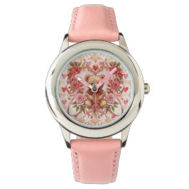 Valentinstag, Teddybär, rosa Herz und Blume Armbanduhr