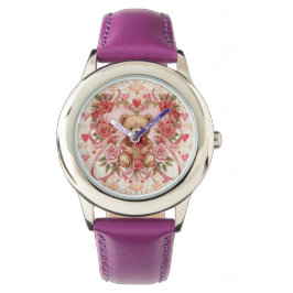 Valentinstag, Teddybär, rosa Herz und Blume Armbanduhr