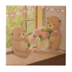Valentinstag: Teddybären und Blumen Fliese