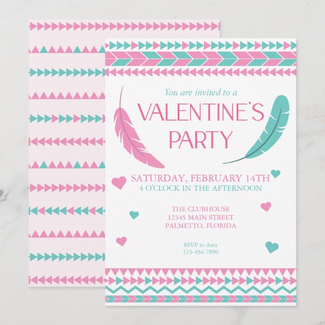 Valentinstag Tribal Pink Aquamarin Feathers Party Einladung (Vorne/Hinten)
