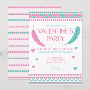 Valentinstag Tribal Pink Aquamarin Feathers Party Einladung
