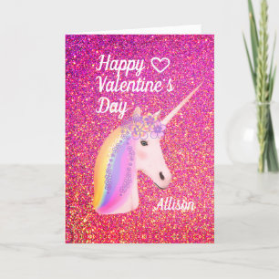 Valentinstag Unicorn Rosa Glitzer Personalisiert Feiertagskarte