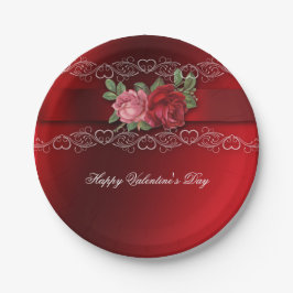 Valentinstag Vintag rosa Rote Rosen Weißes Herz Pappteller