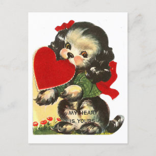 Valentinstag Vintage Süßer Welpe und Herz Feiertagspostkarte