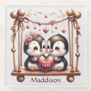 Valentinstag Wahre Liebe Pinguine auf der Schaukel Glasuntersetzer