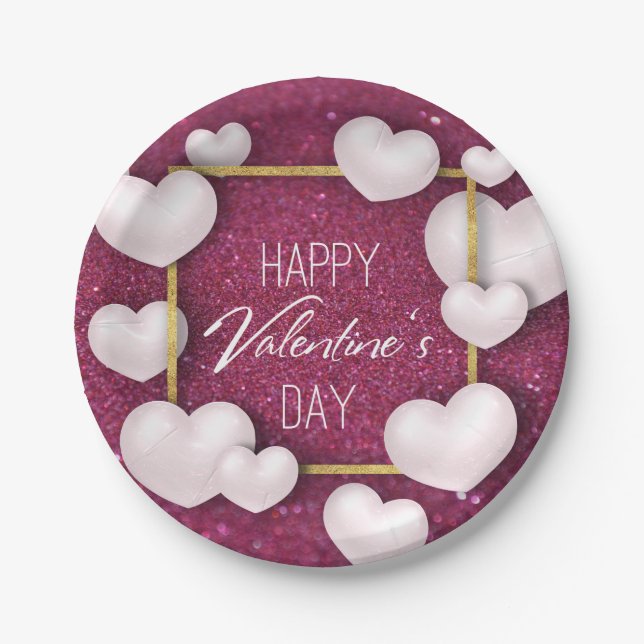 Valentinstag White Hearts Glitzer Paper Plate Pappteller (Vorderseite)