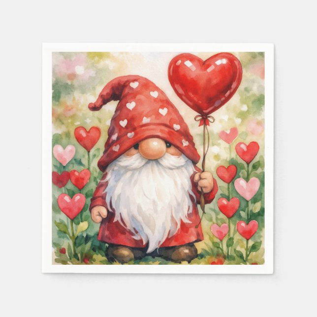 Valentinstags-Gnom mit rotem Herzballon Serviette (Vorderseite)