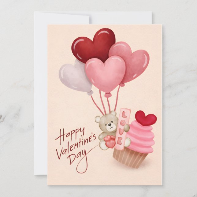 Valentinstagskarte mit Herzballons und Cupcake (Vorderseite)