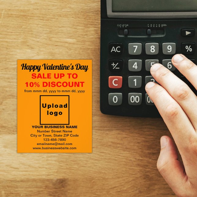Valentinverkauf im Geschäft - Orange Color Flyer (Attract more customers. Business Valentine sale on orange color flyer on store desk.)