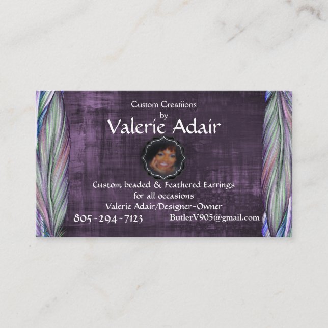 Valerie's Feather Wings Ohrringe Business Card Visitenkarte (Vorderseite)