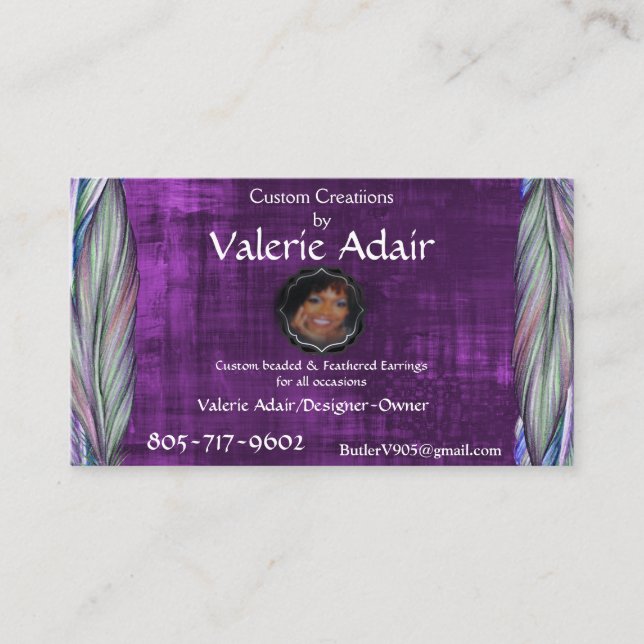 Valerie's Feather Wings Ohrringe Business Card Visitenkarte (Vorderseite)